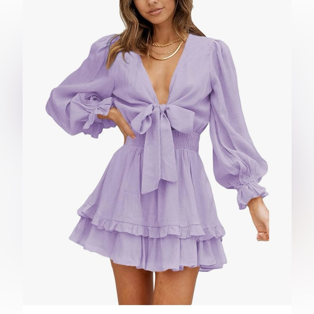 AlvaQ XL Lilac, Knot Front V-Neck Long Sleeve Swing Dress